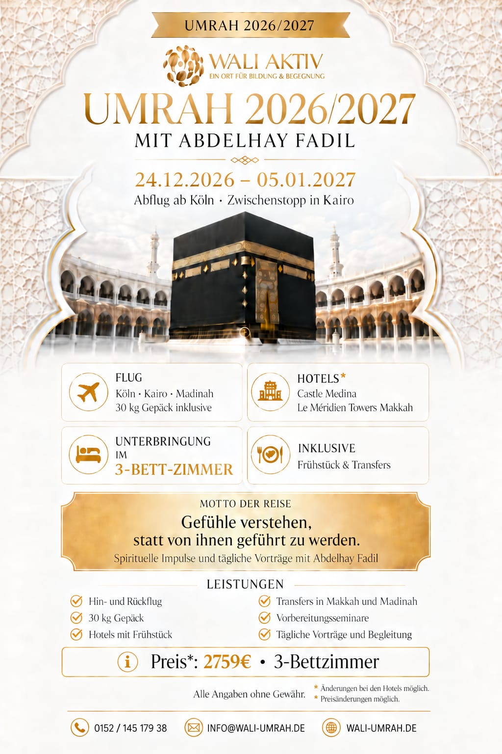 Flyer zur Umrah 2026/2027 mit Abdelhay Fadil, Reisezeitraum 24.12.2026 bis 05.01.2027, Abflug ab Köln mit Zwischenstopp in Kairo
